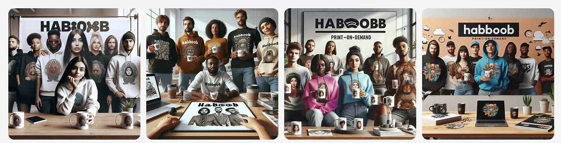 Group of diverse models wearing custom T-shirts and holding printed mugs from Habboob Designs, showcasing print-on-demand apparel and accessories in a creative studio setting