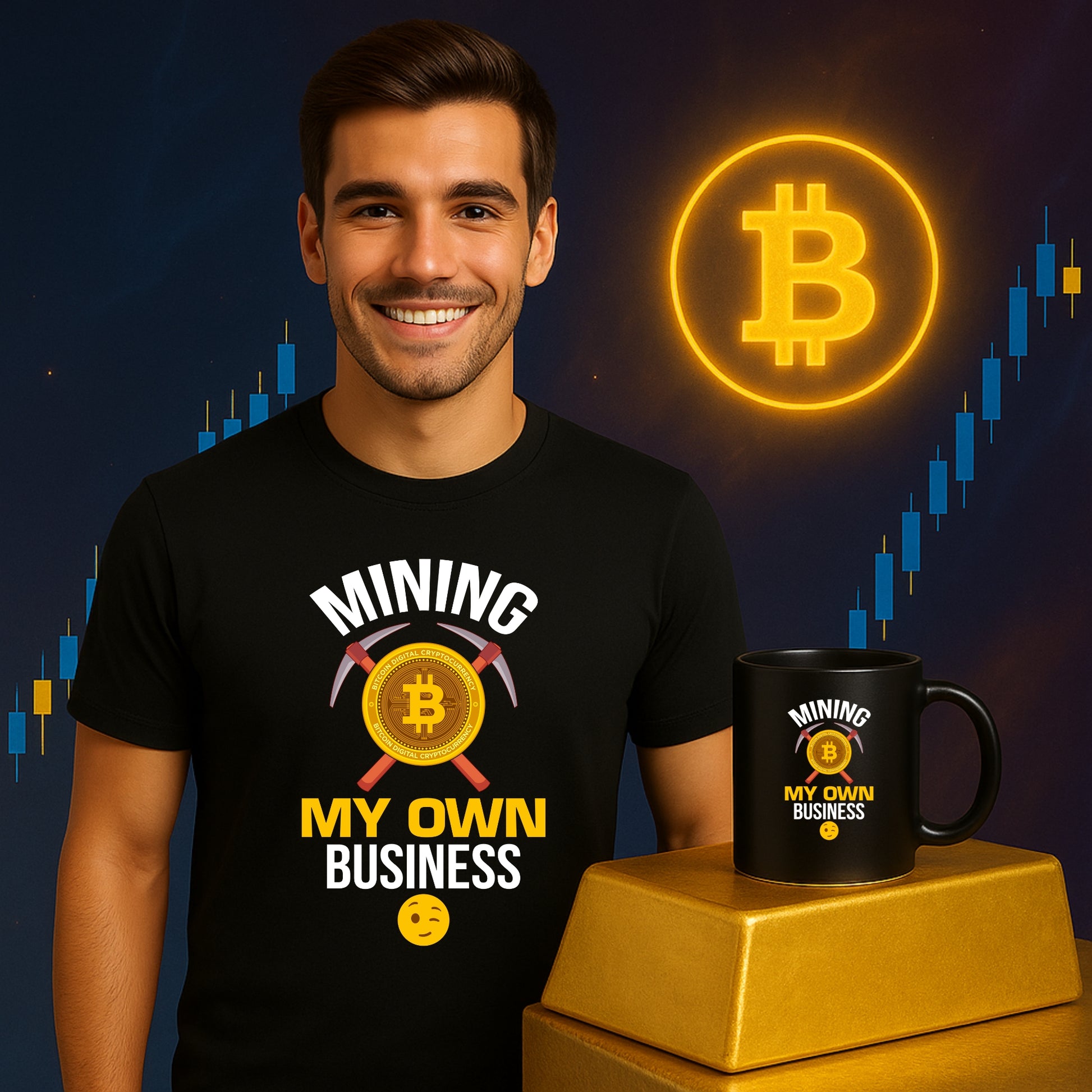 Man wearing Bitcoin Mining T-Shirt holding crypto mug – funny crypto gift