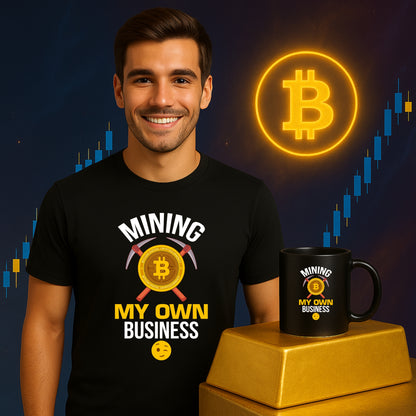 Man wearing Bitcoin Mining T-Shirt holding crypto mug – funny crypto gift