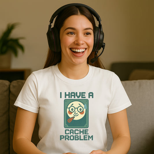 Funny “I Have a Cache Problem” white T-shirt – geeky women’s gamer tee with headset and controller