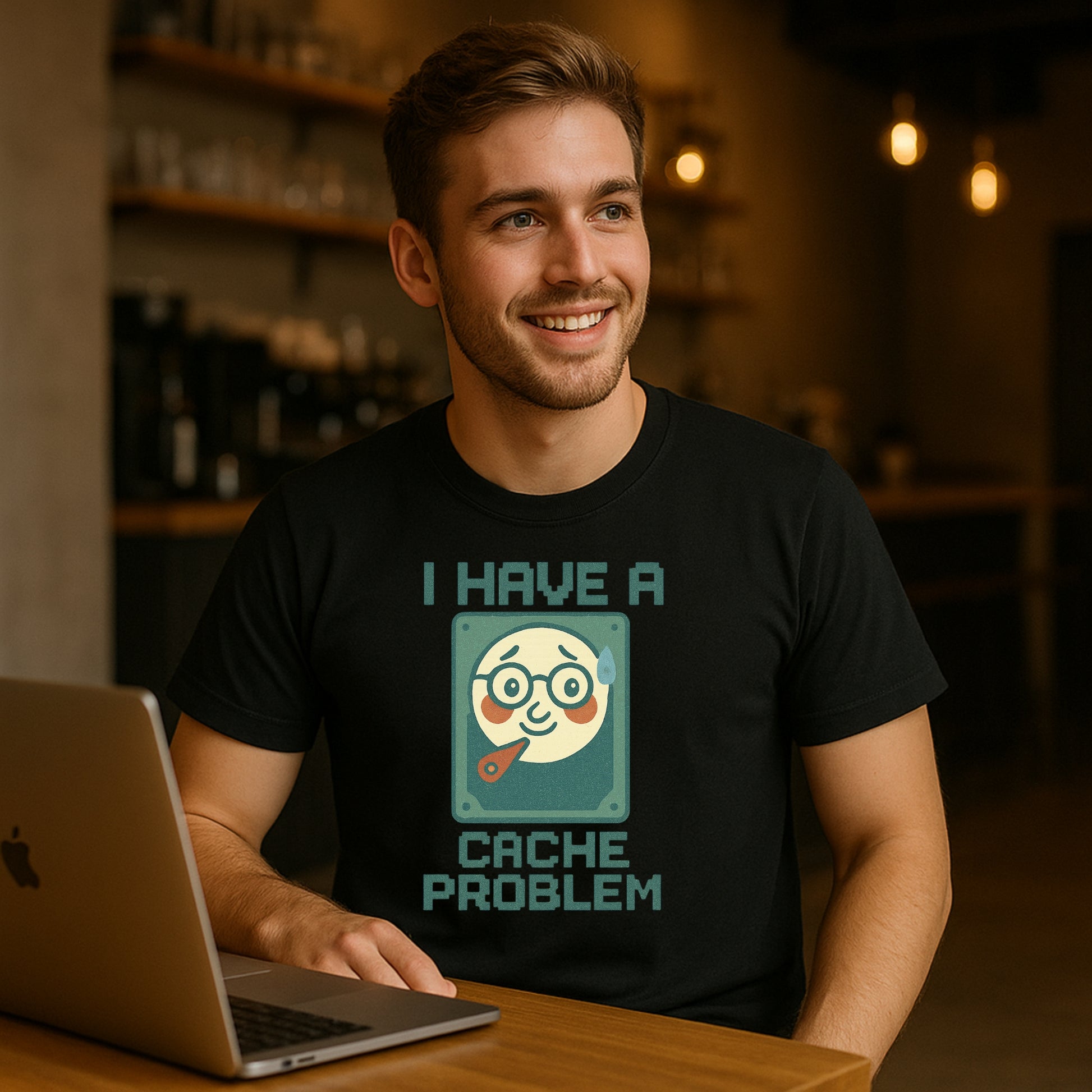 Funny “I Have a Cache Problem” T-shirt – black geek tee for men in casual coffee shop setting