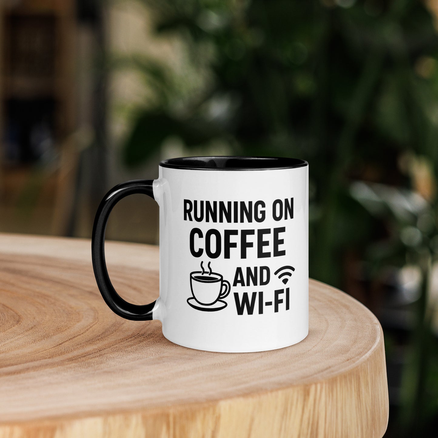 Funny coffee mug with black handle and rim, 11 oz size, featuring “Running on Coffee and Wi-Fi” quote in black text.