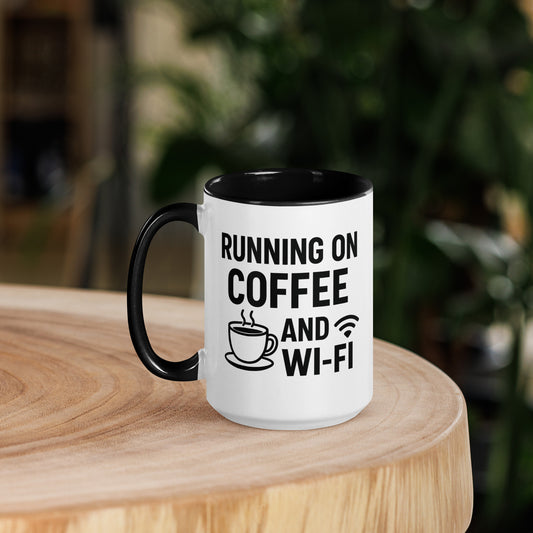 15 oz funny coffee mug with black rim and handle, printed with “Running on Coffee and Wi-Fi” quote, ceramic matte finish.