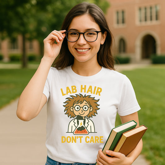 Lab Hair Don’t Care funny science T-shirt in white for men and women