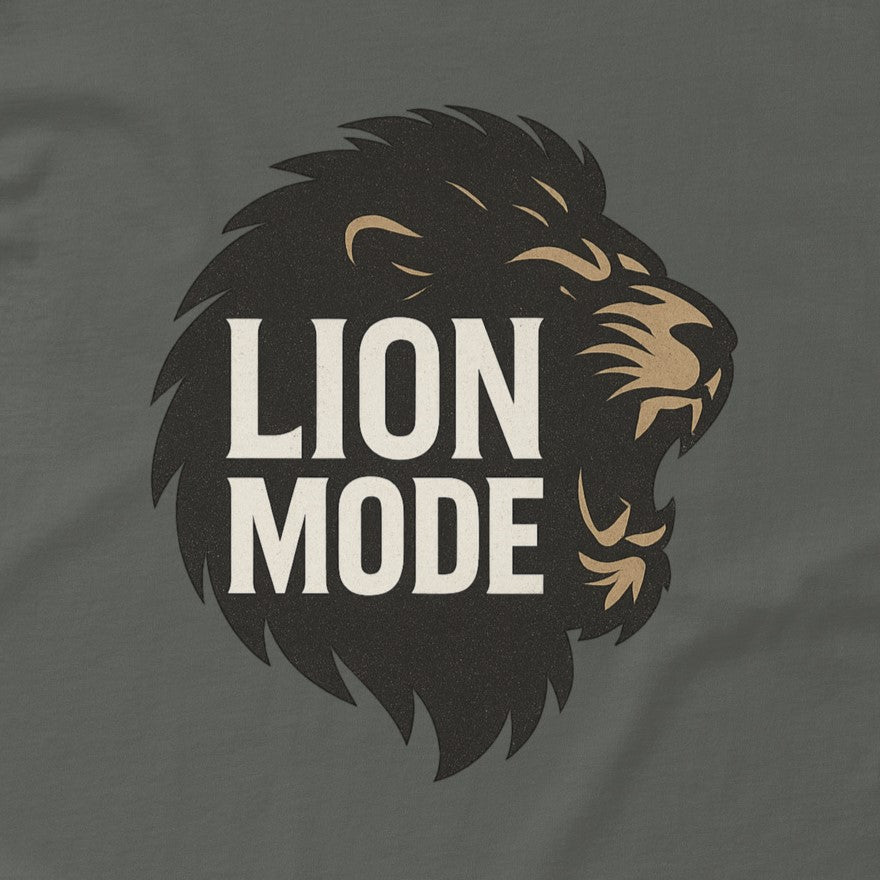 Close-up of Lion Mode motivational workout t-shirt in charcoal, bold lion graphic design