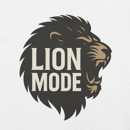 Close-up of Lion Mode motivational workout t-shirt in white, roaring lion graphic design