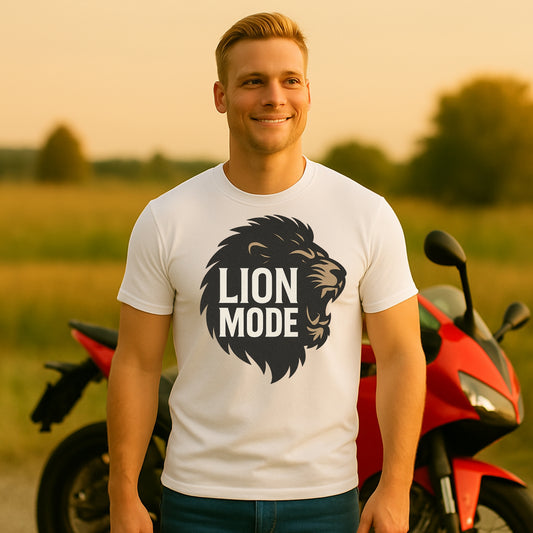 Man wearing white Lion Mode motivational gym t-shirt, fitness lifestyle tee