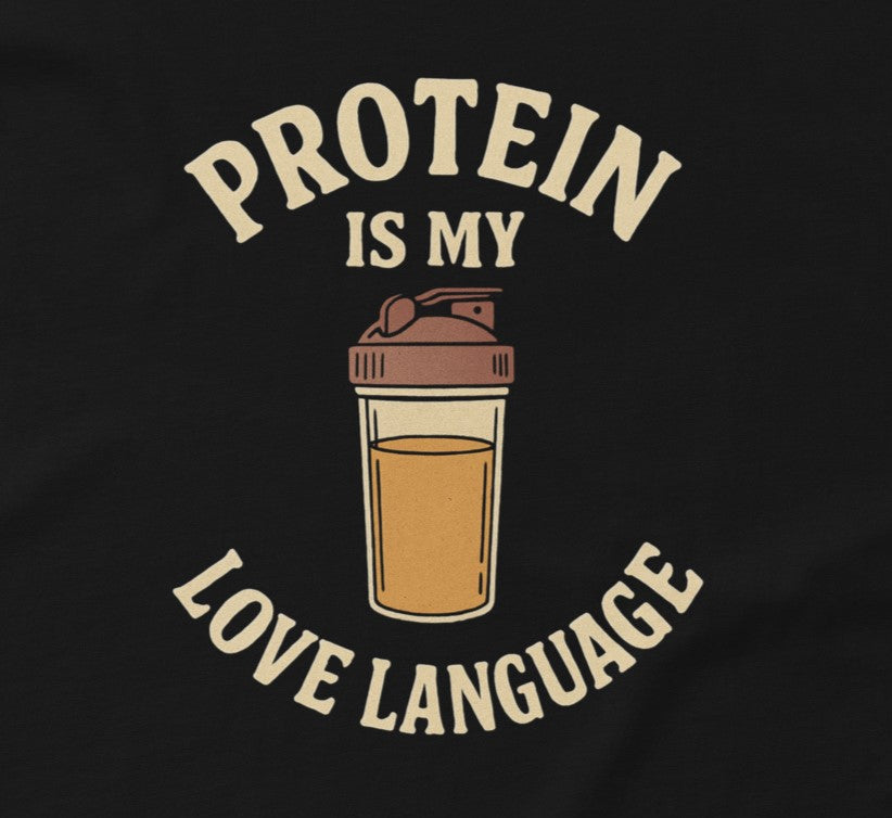 Protein is my love language graphic black tee close-up