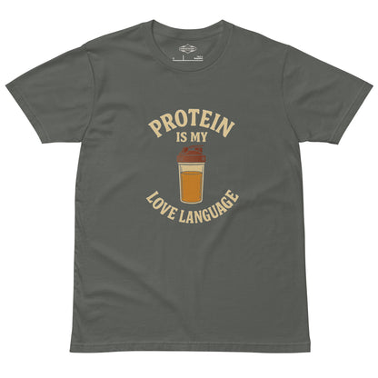 Protein love language workout T-shirt – charcoal color