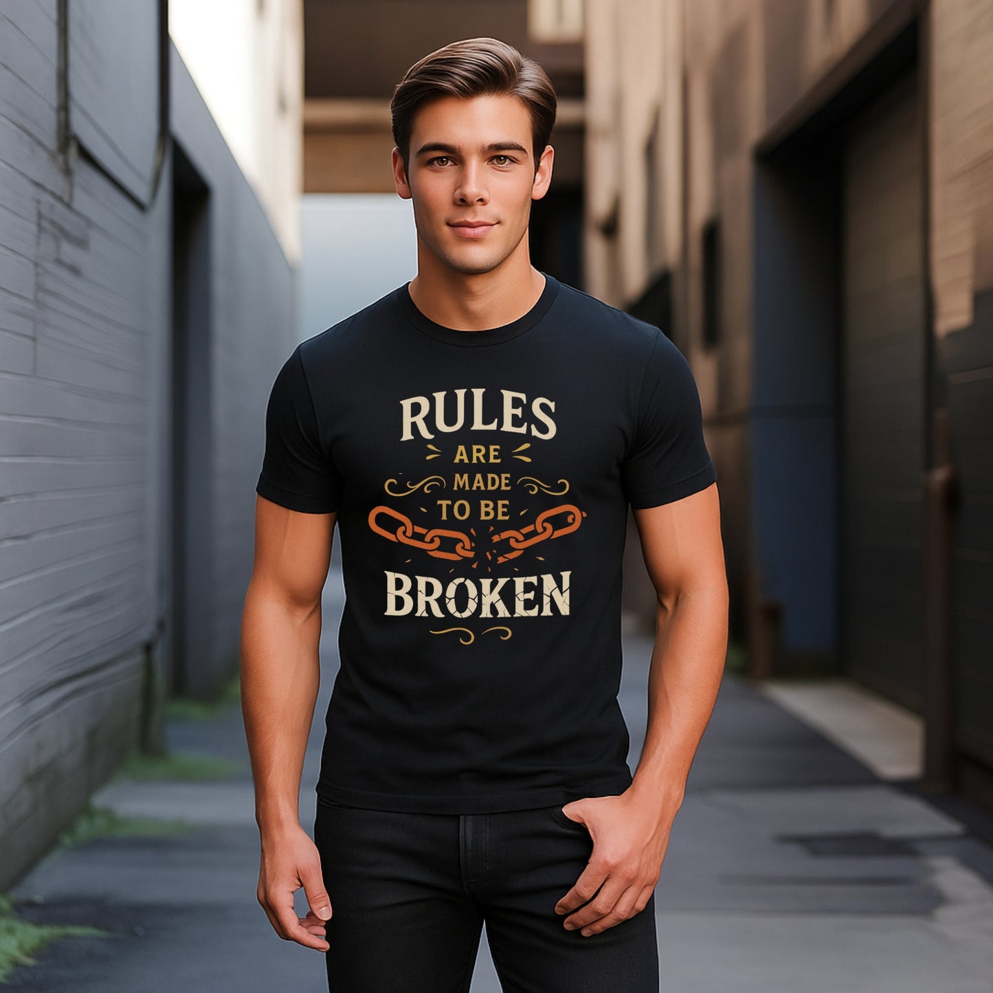 Man wearing black “Rules Are Made to Be Broken” T-shirt, motivational unisex tee